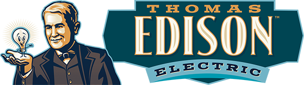 Thomas Edison Electric logo showing a cartoon Edison holding a lit light bulb on a teal banner with the brand name.