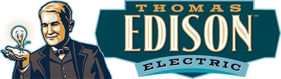 Logo for Thomas Edison Electric: portrait of Thomas Edison holding a lit light bulb with a teal banner reading 'THOMAS EDISON ELECTRIC'.